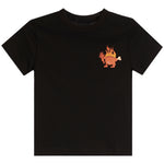 A black short-sleeve crewneck t-shirt featuring a small graphic of a flaming orange goat on the left chest, displayed against a solid white background.