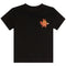 A black short-sleeve crewneck t-shirt featuring a small graphic of a flaming orange goat on the left chest, displayed against a solid white background.
