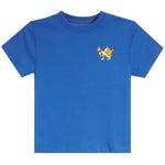 A royal blue short-sleeve crewneck t-shirt featuring a small goat character on the left chest with banana, displayed against a solid white background.