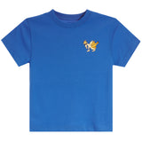 A royal blue short-sleeve crewneck t-shirt featuring a small goat character on the left chest with banana, displayed against a solid white background.