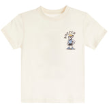 An off-white short-sleeve crewneck t-shirt featuring a small cartoon graphic of a soccer player wearing a gold crown on the left chest, with the word 'SOCCER' arched above.