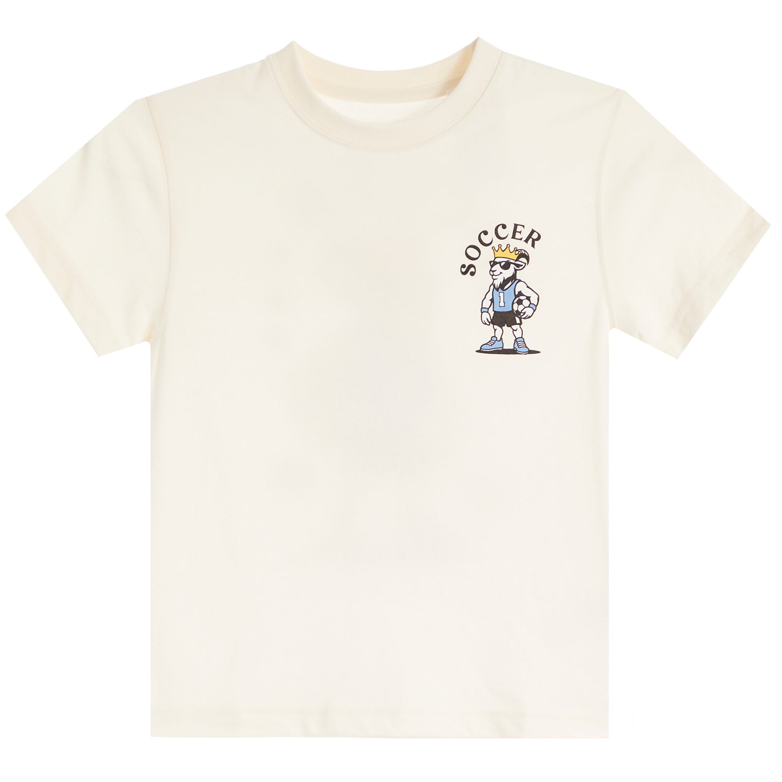 An off-white short-sleeve crewneck t-shirt featuring a small cartoon graphic of a soccer player wearing a gold crown on the left chest, with the word 'SOCCER' arched above.