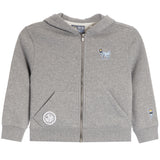 A toddler's heather gray zip-up hoodie with a front zipper, kangaroo pockets, and embroidered goat graphics on the chest and sleeve, shown against a plain white background.
