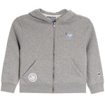 A toddler's heather gray zip-up hoodie with a front zipper, kangaroo pockets, and embroidered goat graphics on the chest and sleeve, shown against a plain white background.