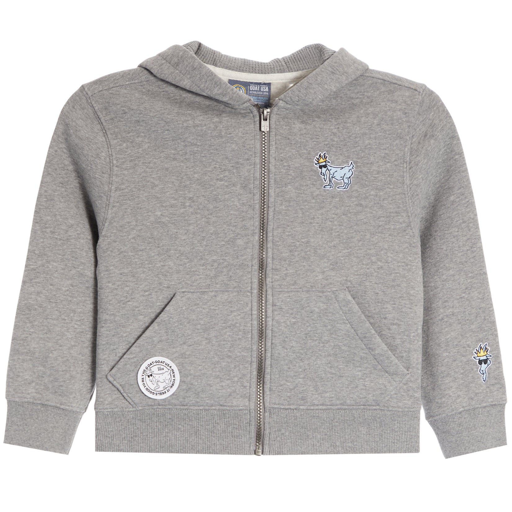 A toddler's heather gray zip-up hoodie with a front zipper, kangaroo pockets, and embroidered goat graphics on the chest and sleeve, shown against a plain white background.