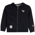A black zip-up hoodie sweatshirt for kids, featuring a small embroidered goat mascot on the left chest, a circular patch on the right pocket, and a small embroidered patch on the right sleeve, shown against a plain white background.
