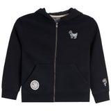 A black zip-up hoodie sweatshirt for kids, featuring a small embroidered goat mascot on the left chest, a circular patch on the right pocket, and a small embroidered patch on the right sleeve, shown against a plain white background.