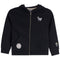 A black zip-up hoodie sweatshirt for kids, featuring a small embroidered goat mascot on the left chest, a circular patch on the right pocket, and a small embroidered patch on the right sleeve, shown against a plain white background.