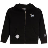 A black zip-up hoodie for kids, featuring a sherpa-lined hood, front pockets, a small dog patch on the left chest, a circular patch on the right pocket, and a small patch on the right sleeve.