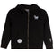 A black zip-up hoodie for kids, featuring a sherpa-lined hood, front pockets, a small dog patch on the left chest, a circular patch on the right pocket, and a small patch on the right sleeve.