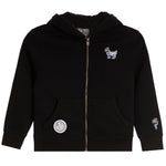 A black zip-up hoodie for kids, featuring a sherpa-lined hood, front pockets, a small dog patch on the left chest, a circular patch on the right pocket, and a small patch on the right sleeve.