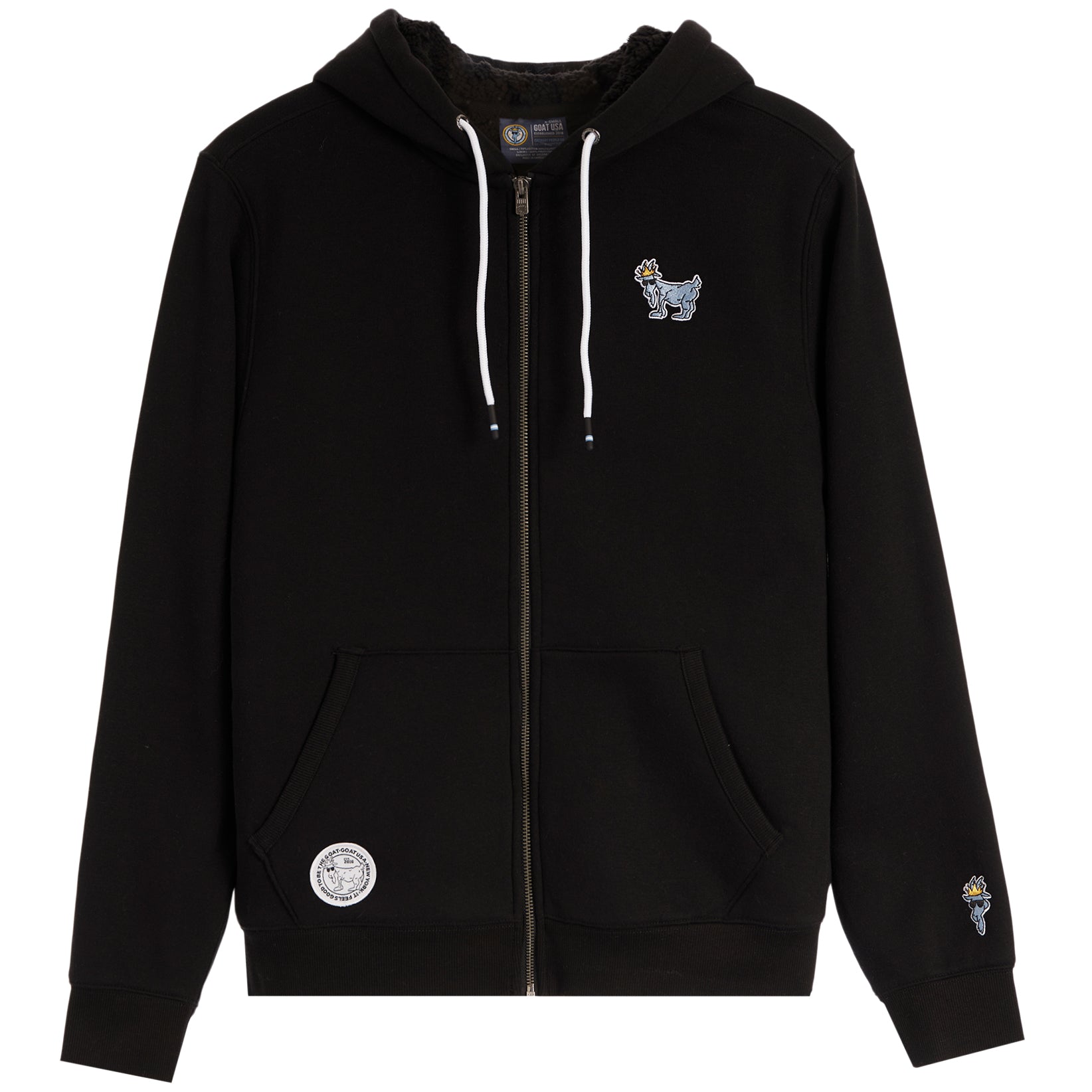 A black zip-up hoodie with white drawstrings, featuring a small embroidered dog graphic on the left chest, a circular patch on the lower left front pocket, and a small graphic on the right sleeve, shown against a plain white background.
