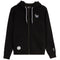 A black zip-up hoodie with white drawstrings, featuring a small embroidered dog graphic on the left chest, a circular patch on the lower left front pocket, and a small graphic on the right sleeve, shown against a plain white background.