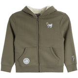 An olive green zip-up hoodie for kids, featuring a cream sherpa-lined hood, front pockets, a small embroidered goat mascot on the left chest, a circular patch on the right pocket, and a small sleeve patch.