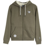 An olive green zip-up hoodie with a white sherpa lining inside the hood, featuring white drawstrings, a front kangaroo pocket, and small embroidered mascot logos on the left chest and right sleeve.