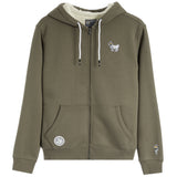 An olive green zip-up hoodie with a white sherpa lining inside the hood, featuring white drawstrings, a front kangaroo pocket, and small embroidered mascot logos on the left chest and right sleeve.