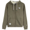 An olive green zip-up hoodie with a white sherpa lining inside the hood, featuring white drawstrings, a front kangaroo pocket, and small embroidered mascot logos on the left chest and right sleeve.