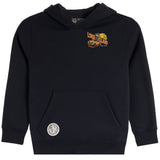 A black hooded sweatshirt with a colorful 'Long Island' graphic on the left chest and a circular silver emblem on the lower left pocket, shown against a plain white background.