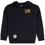A black hooded sweatshirt with a colorful 'Long Island' graphic on the left chest and a circular silver emblem on the lower left pocket, shown against a plain white background.