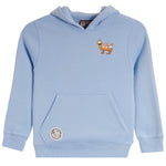 A light blue hooded sweatshirt with a small embroidered goat graphic on the left chest and a circular patch on the lower left front pocket, shown against a plain white background.
