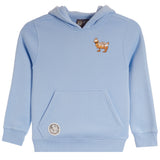 A light blue hooded sweatshirt with a small embroidered goat graphic on the left chest and a circular patch on the lower left front pocket, shown against a plain white background.