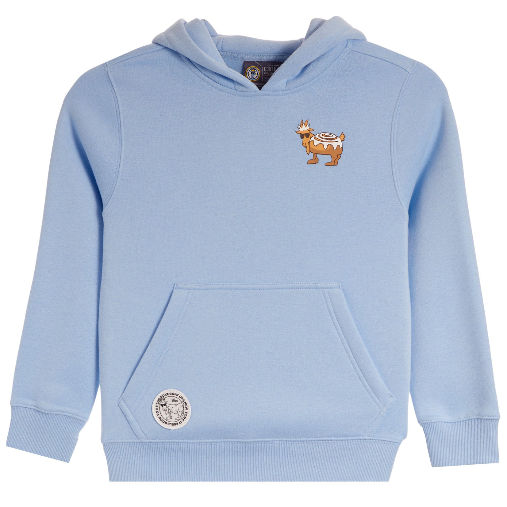 A light blue hooded sweatshirt with a small embroidered goat graphic on the left chest and a circular patch on the lower left front pocket, shown against a plain white background.