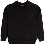 A black pullover hoodie with a small tonal embroidered dog logo on the left chest, displayed against a solid white background.