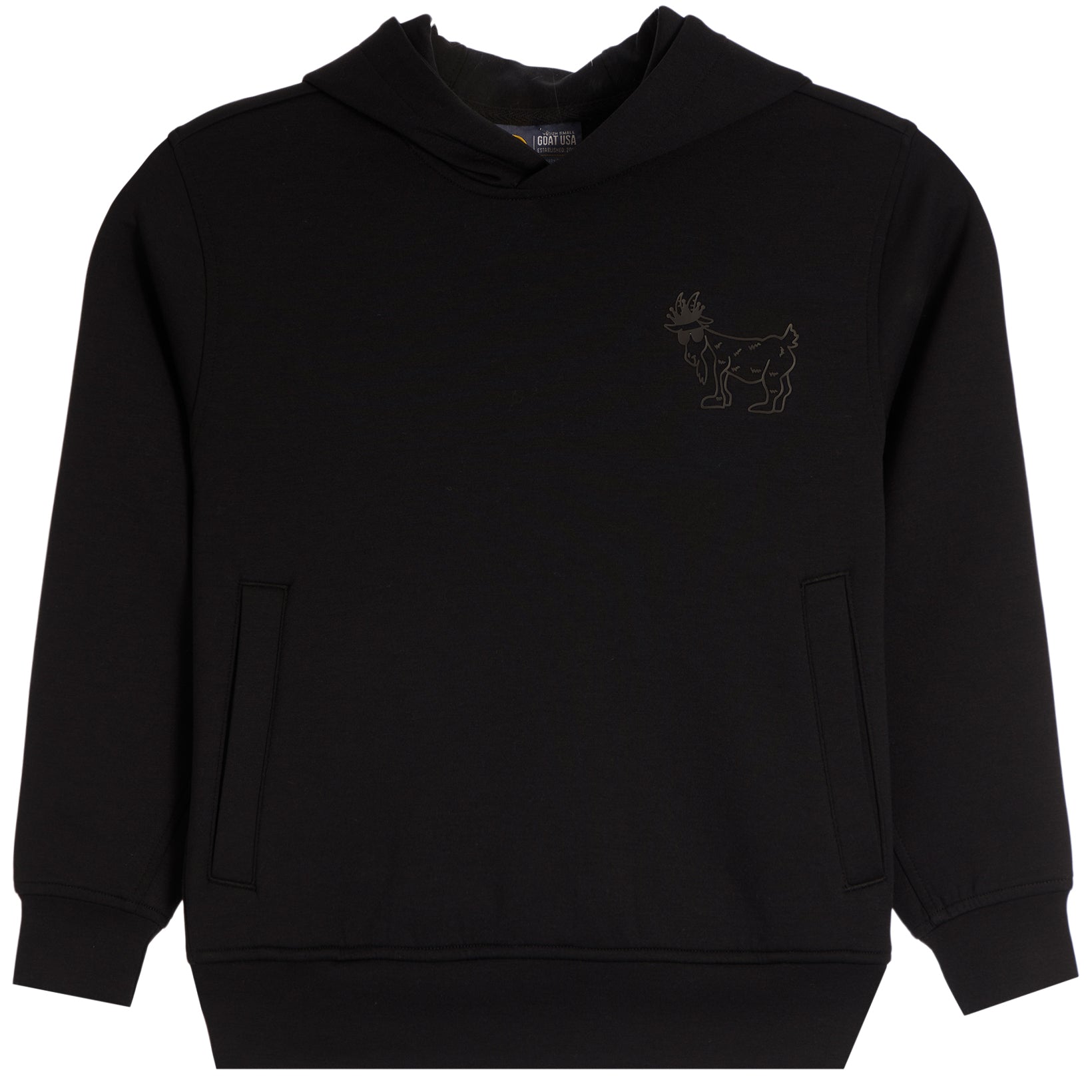 A black pullover hoodie with a small tonal embroidered dog logo on the left chest, displayed against a solid white background.
