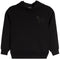 A black pullover hoodie with a small tonal embroidered dog logo on the left chest, displayed against a solid white background.