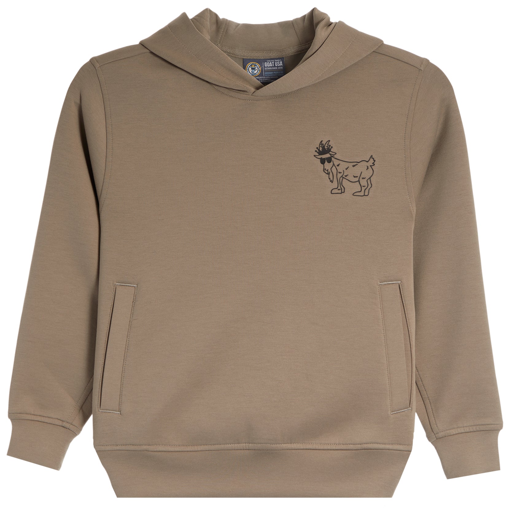 A tan pullover hoodie sweatshirt with a small black line-art graphic of a goat wearing a hat on the left chest, featuring a kangaroo pocket and ribbed cuffs and hem.