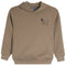 A tan pullover hoodie sweatshirt with a small black line-art graphic of a goat wearing a hat on the left chest, featuring a kangaroo pocket and ribbed cuffs and hem.