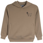 A tan pullover hoodie sweatshirt with a small black line-art graphic of a goat wearing a hat on the left chest, featuring a kangaroo pocket and ribbed cuffs and hem.
