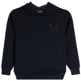 A dark navy blue hooded sweatshirt with a small tonal embroidered goat graphic on the left chest, displayed against a solid white background.