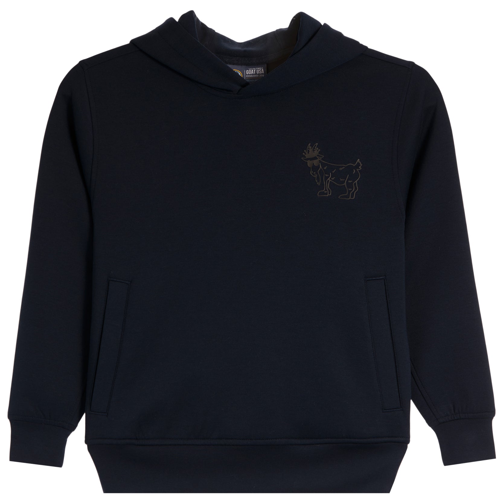 A dark navy blue hooded sweatshirt with a small tonal embroidered goat graphic on the left chest, displayed against a solid white background.
