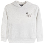 A light heather gray pullover hoodie with a small black line-art graphic of a goat wearing sunglasses on the left chest, displayed against a solid white background.