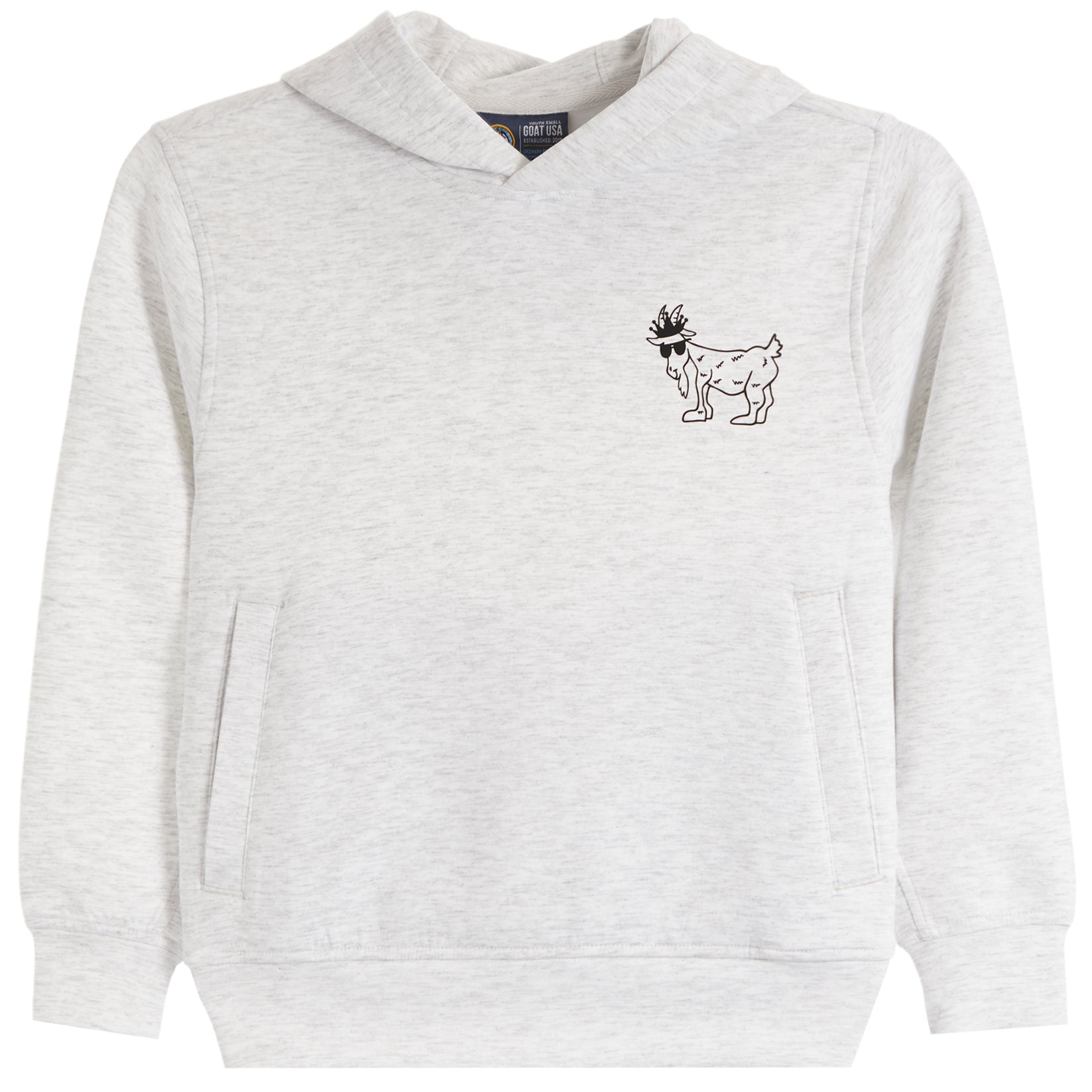 A light heather gray pullover hoodie with a small black line-art graphic of a goat wearing sunglasses on the left chest, displayed against a solid white background.