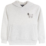 A light heather gray pullover hoodie with a small black line-art graphic of a goat wearing sunglasses on the left chest, displayed against a solid white background.