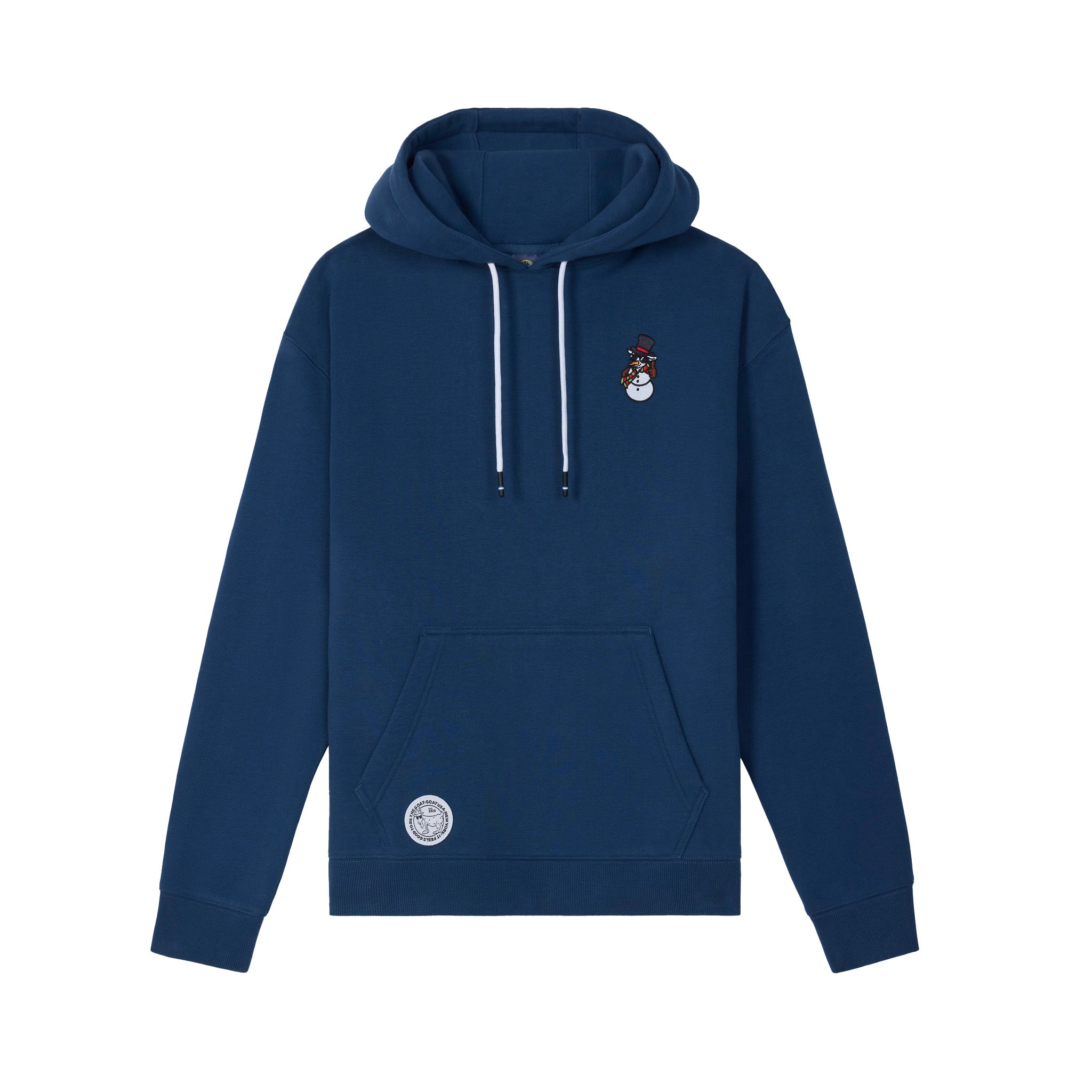 A navy blue pullover hoodie with white drawstrings, featuring a small snowman graphic on the left chest and a circular white patch on the lower left front pocket, shown against a plain white background.