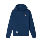 A navy blue pullover hoodie with a small snowman graphic on the left chest and a circular white patch on the lower front pocket, shown against a plain white background.