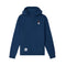 A navy blue pullover hoodie with a small snowman graphic on the left chest and a circular white patch on the lower front pocket, shown against a plain white background.