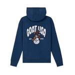 A navy blue hooded sweatshirt shown from the back, featuring a large graphic print with the text 'GOAT USA' and a cartoon snowman wearing a top hat.