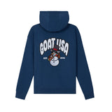 A navy blue hooded sweatshirt shown from the back, featuring a large graphic print with the text 'GOAT USA' and a cartoon snowman wearing a top hat.