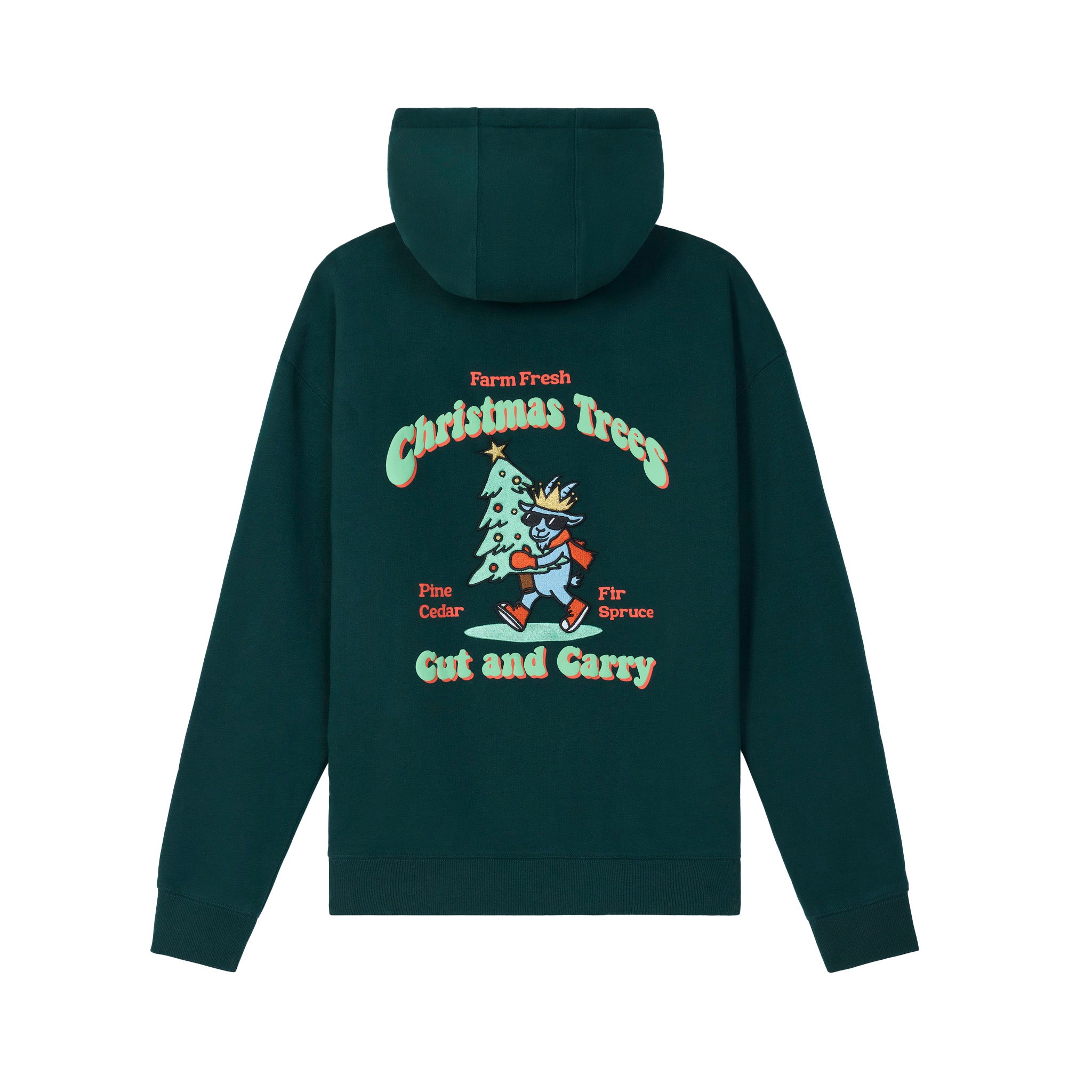 A dark green hooded sweatshirt shown from the back, featuring a large graphic print of a cartoon Christmas tree and the text 'Farm Fresh Christmas Trees Cut and Carry' in red, yellow, and light green.