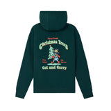 A dark green hooded sweatshirt shown from the back, featuring a large graphic print of a cartoon Christmas tree and the text 'Farm Fresh Christmas Trees Cut and Carry' in red, yellow, and light green.