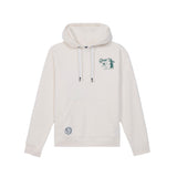 An off-white pullover hoodie with a small green graphic on the left chest and a circular patch on the lower front pocket, displayed against a solid white background.