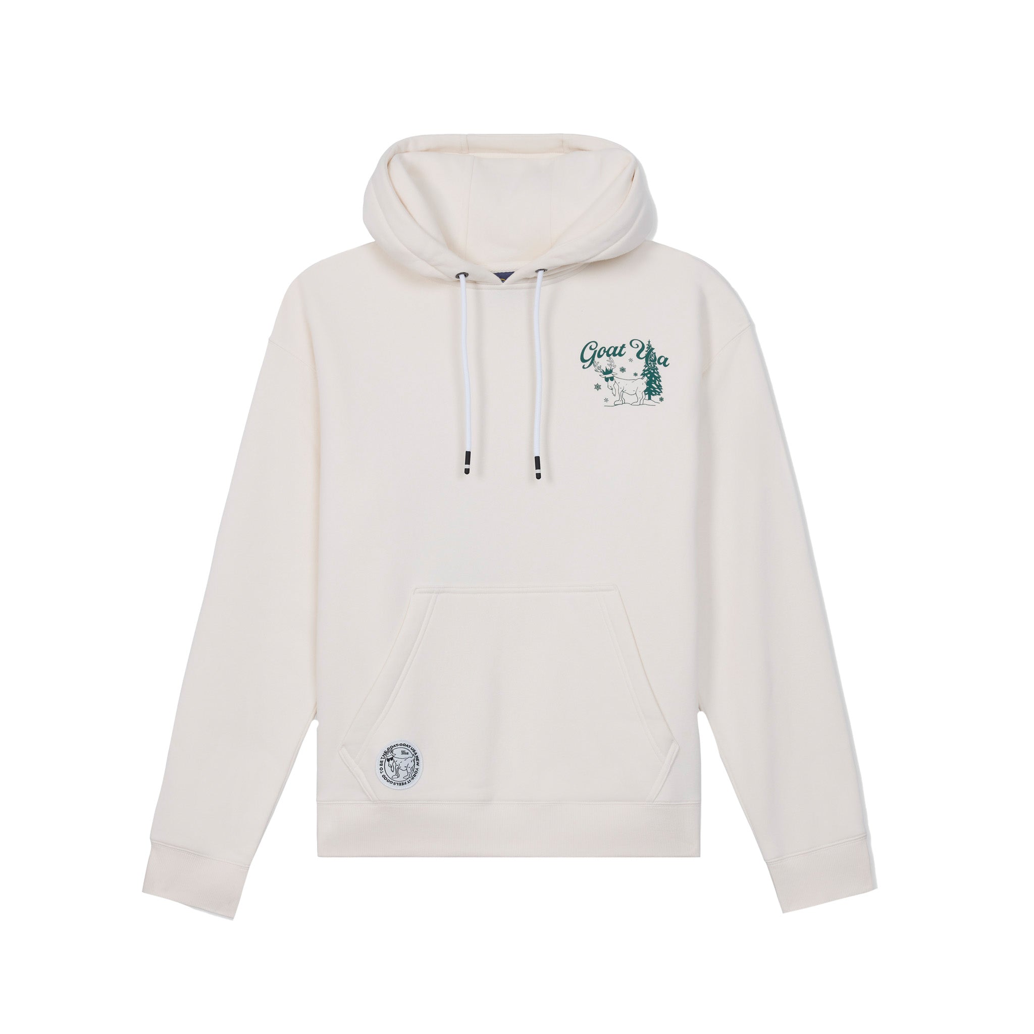 An off-white pullover hoodie with a small green graphic on the left chest and a circular patch on the lower front pocket, displayed against a solid white background.