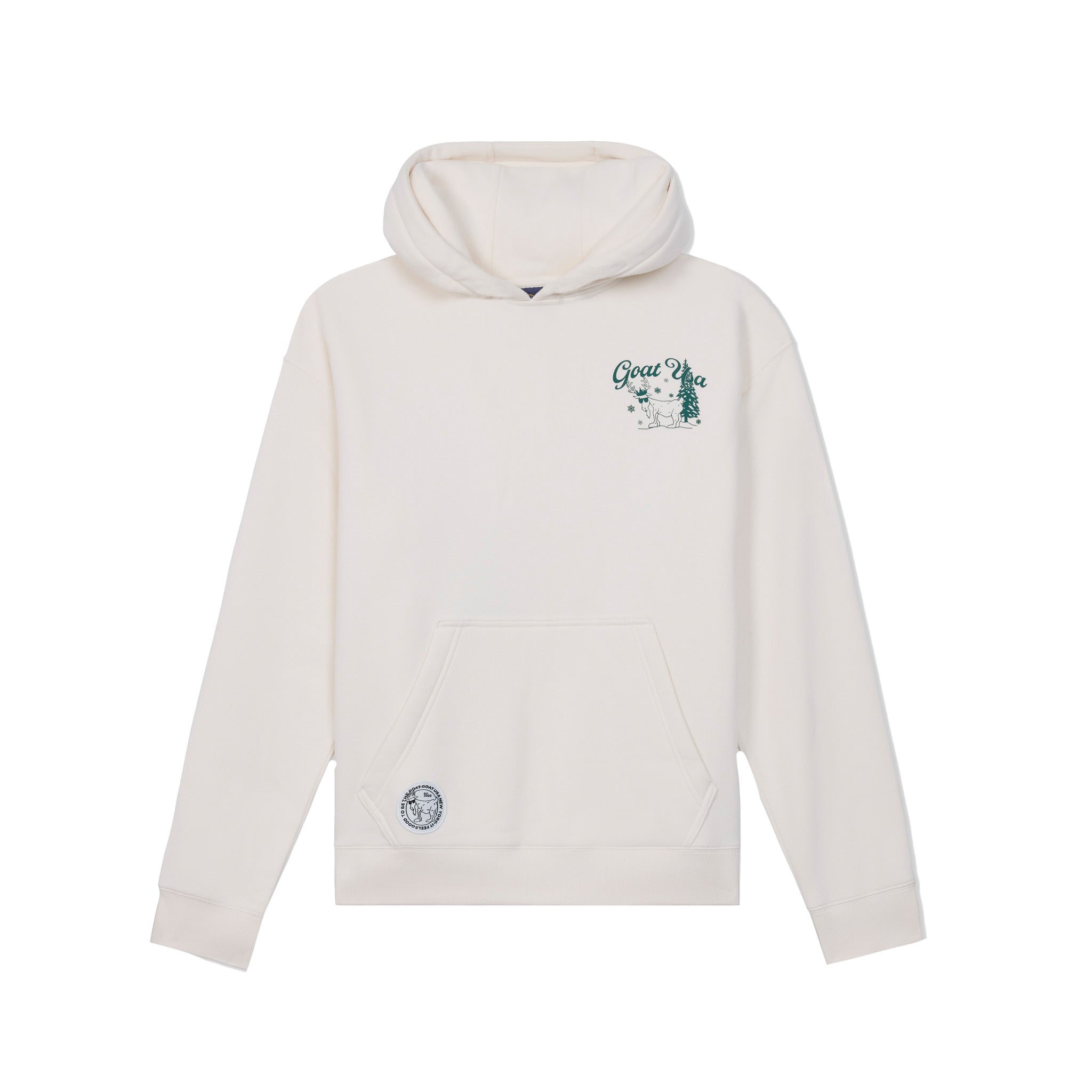 An off-white pullover hoodie with a small green graphic on the left chest and a circular patch on the lower front pocket, displayed on a solid white background.