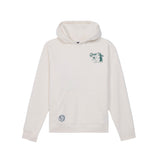 An off-white pullover hoodie with a small green graphic on the left chest and a circular patch on the lower front pocket, displayed on a solid white background.