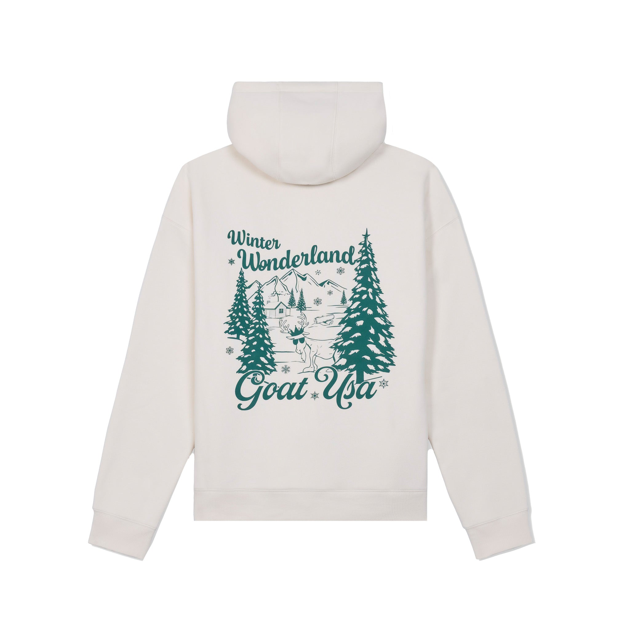 An off-white hooded sweatshirt shown from the back, featuring a teal graphic print of pine trees, mountains, a sleigh, and the words 'Winter Wonderland Goat Usa'.