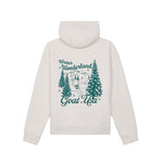 An off-white hooded sweatshirt shown from the back, featuring a teal graphic print of pine trees, mountains, a sleigh, and the words 'Winter Wonderland Goat Usa'.